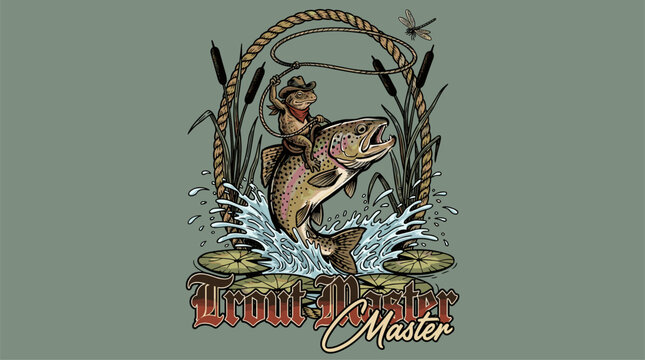 Trout master fishing adventure vintage print design for t shirt. Catch of the day. Outdoor hobby graphic print. Cowboy frog riding fish.