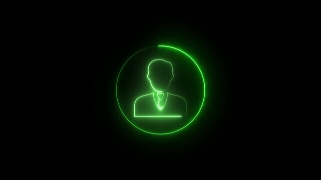 Glowing Green Neon Line Art User Profile Icon Inside a Circle on a Black Background.