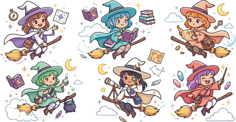 Obraz premium Cute little witch cartoon character set flying on broomsticks reading spellbooks holding maps and telescope vector illustration isolated on white