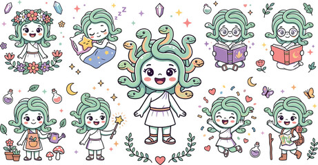  Cute Medusa cartoon character set with snake hair girl reading books sleeping gardening and hiking vector illustration isolated on white