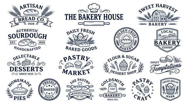 Collection of vintage bakery and pastry shop logos and emblems