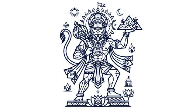 Hindu god hanuman holding mace and mountain in geometric line art