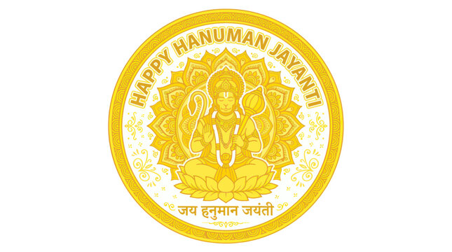 Golden hanuman jayanti celebration badge with meditating deity icon