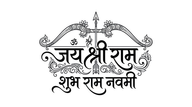 Ram navami greeting calligraphy with ornate bow and arrow design