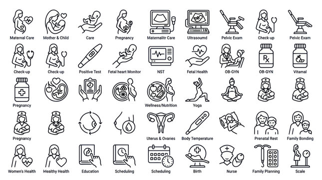 Maternal care and pregnancy health linear icons for prenatal wellness