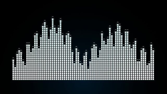 Abstract graphic representation of a digital sound equalizer displaying audio spectrum analysis with vibrant luminous bars