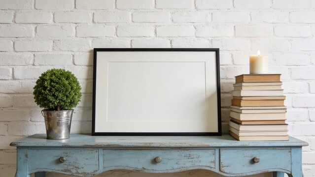 Mockup of rectangular frame on rustic table against white brick wall