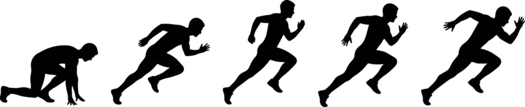 Sequence of a runner's motion from start to full sprint captured in silhouette