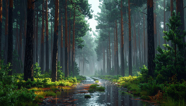 Forest path through tall trees