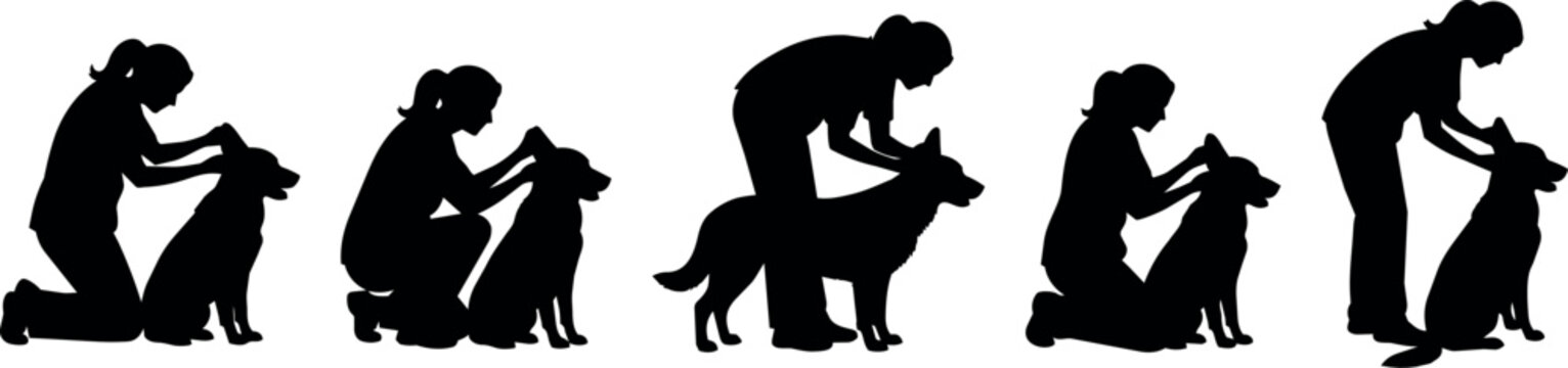 Silhouettes of people grooming and petting dogs in various poses