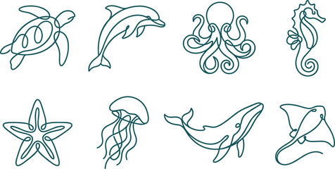 Continuous Line Art Sea Animal Icon Set Featuring Minimalist Marine Life Creatures for Modern Nautical Branding and Ocean Themed Graphic Design © DesignNest