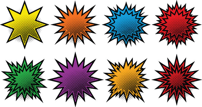 Colorful Retro Pop Art Starburst Explosion Shapes Set with Halftone Dots for Comic Book Style Graphic Designs and Sale Banners