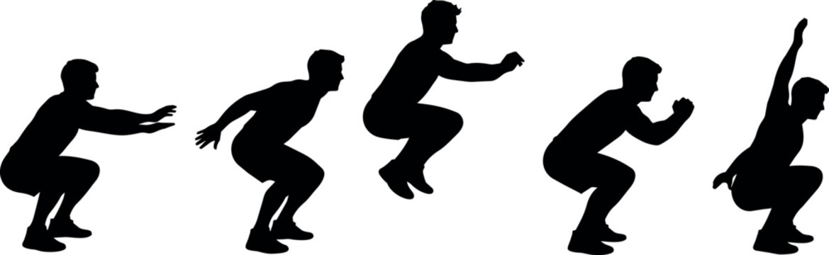 Silhouette sequence of a man performing jump squats for fitness and exercise