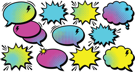 Vibrant Blank Comic Style Dialogue Balloons Collection Featuring Halftone Textures and Sound Effect Bursts for Pop Art Posters © DesignNest