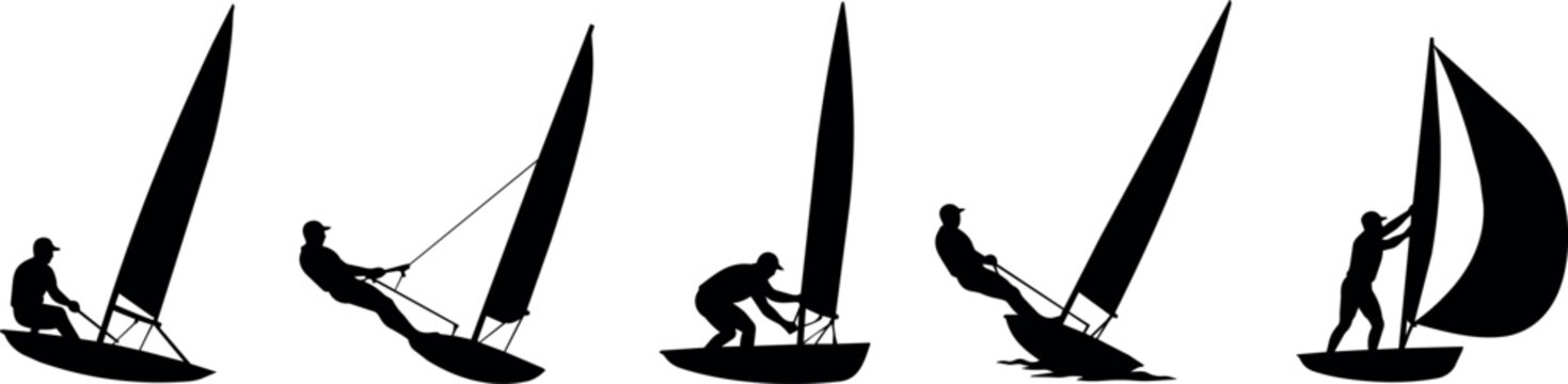Silhouettes of five sailors on windsurf boards in various dynamic poses