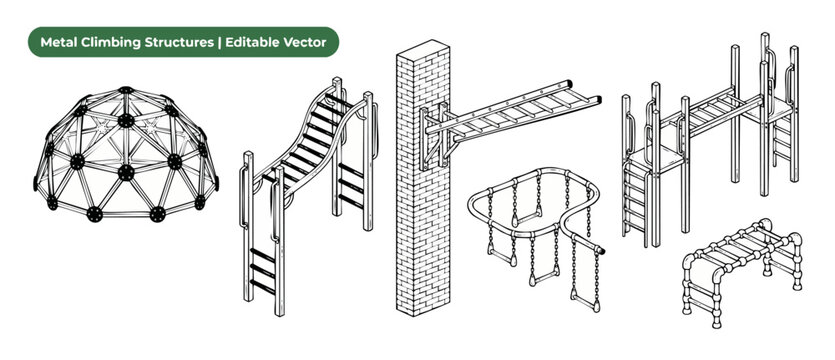 Metal climbing structures vector line art illustrations set featuring playground equipment details like geodesic dome, ladders, monkey bars, and outdoor training obstacle course equipment for children