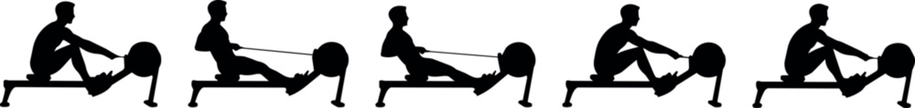 Rowing machine exercise sequence silhouette showing five distinct movement phases