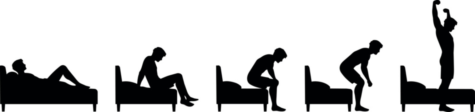 Man's silhouette sequence showing waking up and stretching in bed