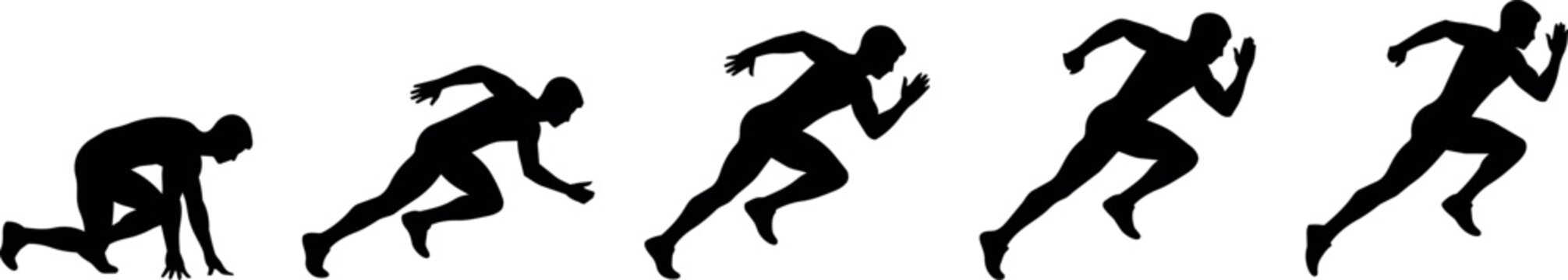 Runner's progression from starting blocks to full sprint in silhouette