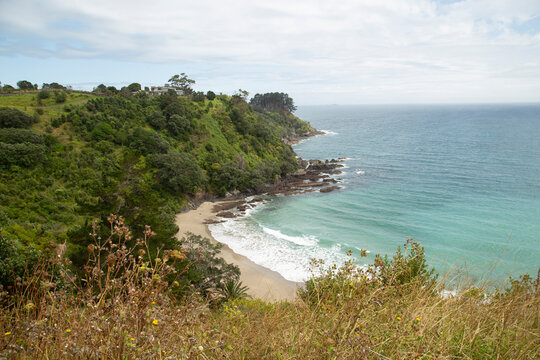 Scenic coastal view with lush greenery and rocky shoreline at a secluded beach under cloudy skies. Waiheke Island, New Zealand