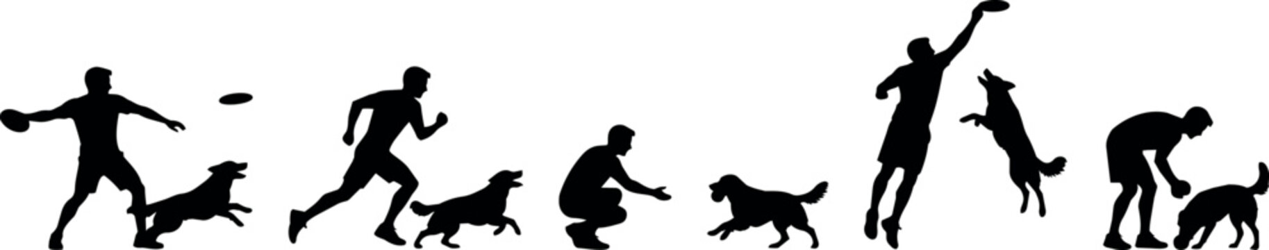Man and dog playing frisbee in a park, a sequence of actions