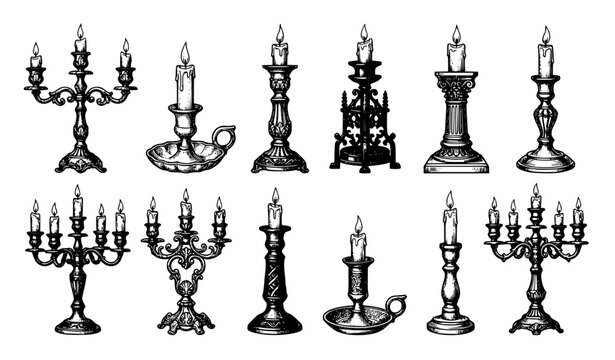 Vintage Candle Holder and Candlestick Sketch Vector Collection