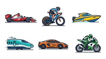 Naklejka premium Diverse Transportation and Sports Vehicles Collection: Formula 1, Cyclist, Speedboat, Train, Car, Motorcycle