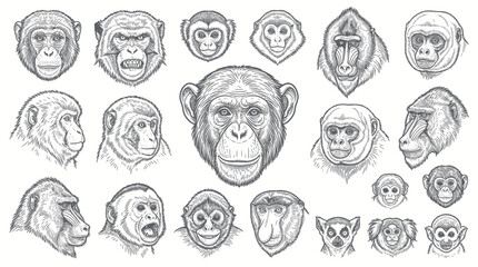 Collection of Primate Faces: Chimpanzee, Monkey, Baboon, Lemur - Vintage Sketch Art © rara