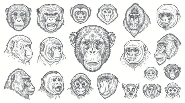 Collection of Primate Faces: Chimpanzee, Monkey, Baboon, Lemur - Vintage Sketch Art