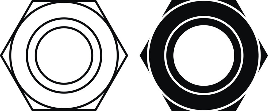 Hex Nut Fastener Icons for Mechanical Engineering and Hardware