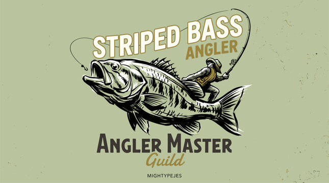 Striped bass angler master guild. Fishing adventure vintage print design for t shirt. Explore more. Outdoor life graphic.
