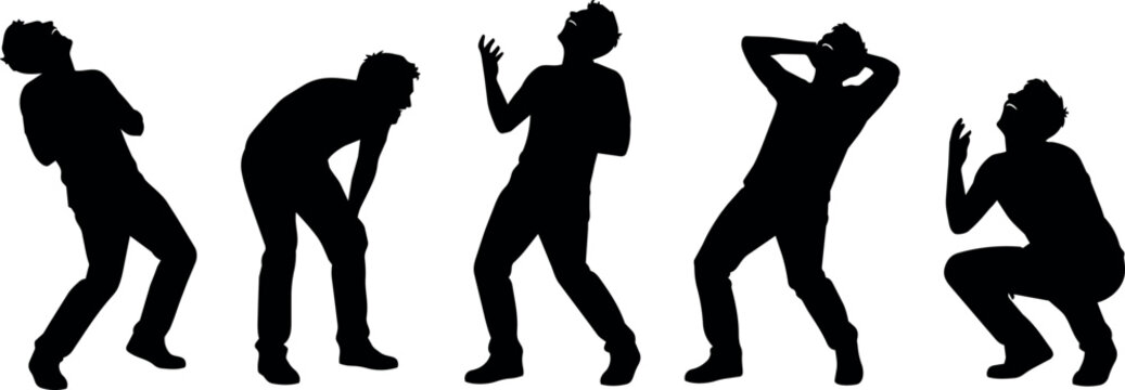 Five silhouettes of men in dynamic poses expressing surprise or shock