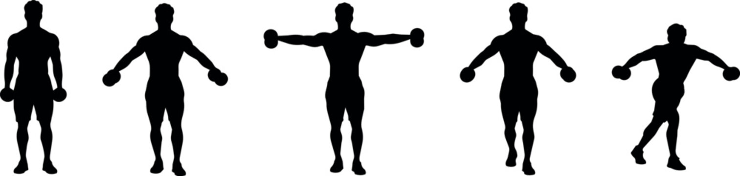 Man performing dumbbell lateral raises exercise sequence silhouette