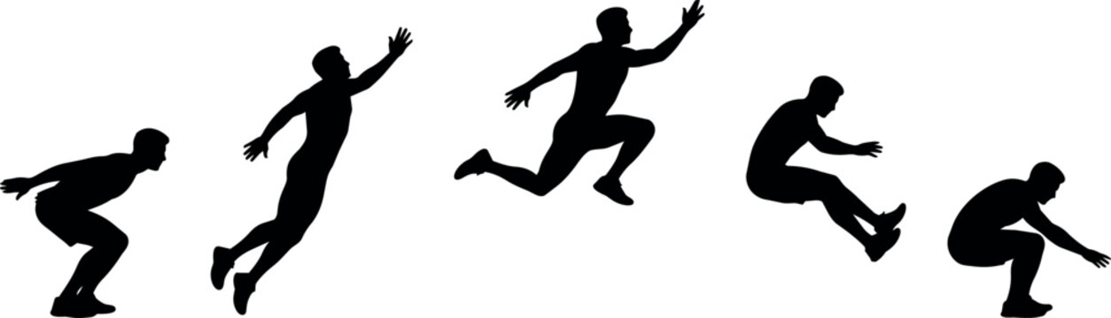 Sequence of a male athlete performing a long jump in silhouette