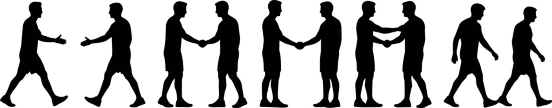 Silhouettes of men shaking hands and walking in sequence