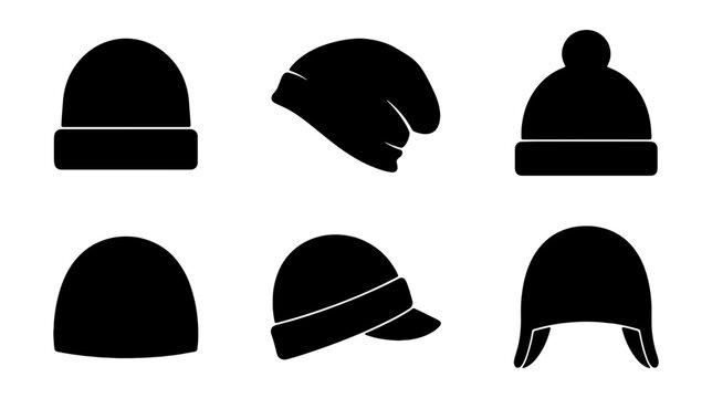 Winter beanie hat icon set, black silhouette knit cap vector collection, 6 minimalist headwear illustrations for cold weather apparel design