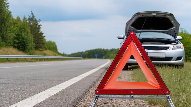Car breakdown on rural highway, Emergency warning triangle on asphalt, Broken car with open hood, Roadside assistance concept, Vehicle failure on country road, Emergency stop on roadside