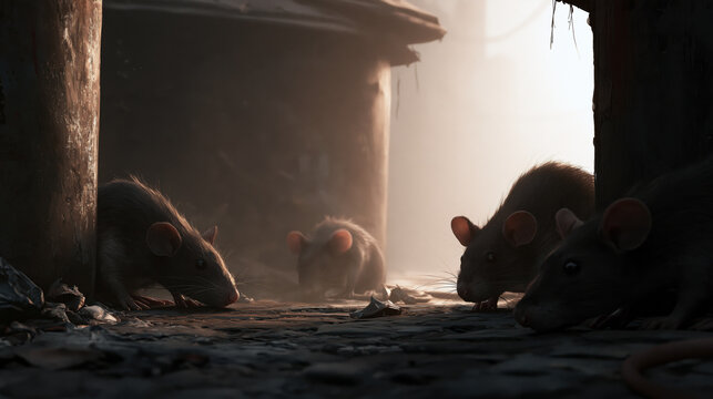 Group of rats searching for food near garbage containers in city backstreet, gritty urban atmosphere