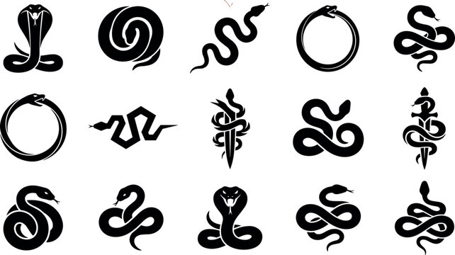 Black snake silhouette icon vector set featuring cobra coiled serpents ouroboros dagger emblems and geometric crawling reptiles isolated on white background for tattoo design.