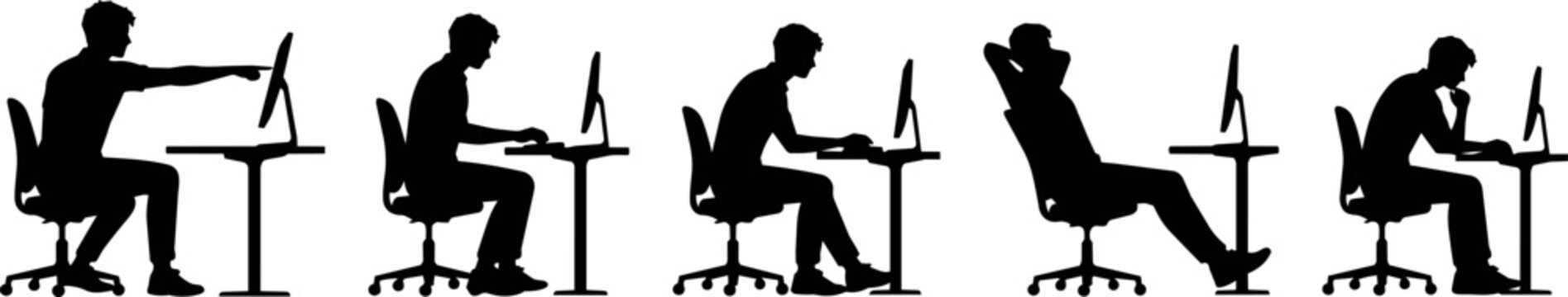 Diverse silhouettes of a person working at a computer in various poses