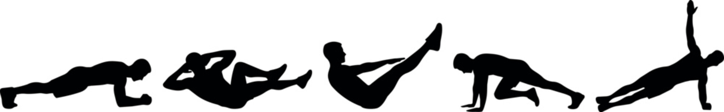Silhouettes of a person performing various core strengthening exercises