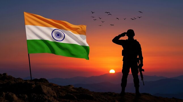 Silhouette Indian Soldier Saluting National Flag at Sunset Patriotic Independence Day Concept