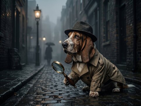Cinematic dark portrait of Basset Hound dog wearing detective coat and hat with magnifying glass