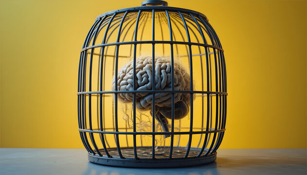 Conceptual digital illustration of a human brain trapped inside a cage representing mental health and confinement of thought