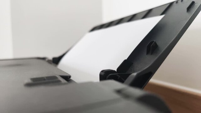 Close up of internal paper feed in action. White sheet goes into black office printer through automated paper feed mechanism to start high speed printing process of business documents.
