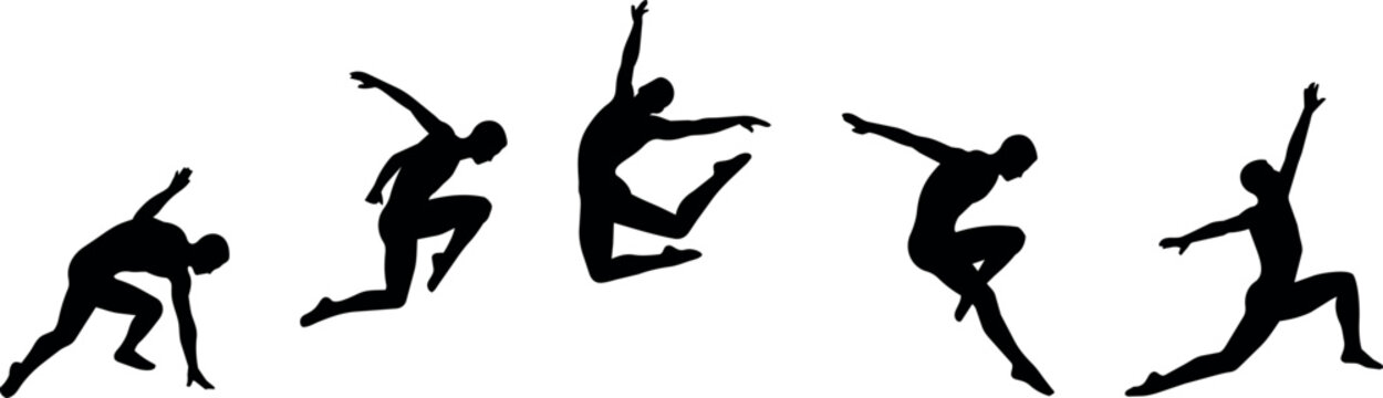 Dynamic silhouettes of dancers in mid-air, capturing motion and grace