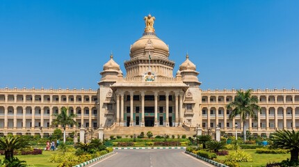 Obraz premium Vidhana Soudha Bengaluru Karnataka India Iconic State Legislature Building Exterior on Sunny Day