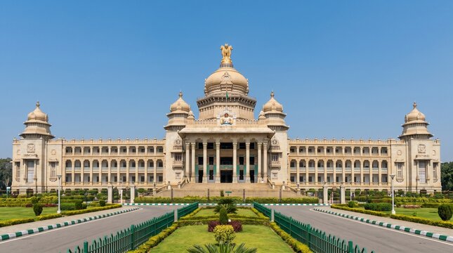 Vidhana Soudha Bengaluru Karnataka India Iconic State Legislature Building Exterior on Sunny Day