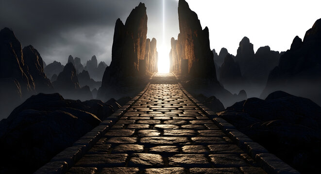 Sunlight shining through ancient stone archway on a cobblestone path