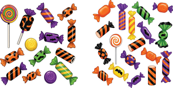 Halloween candy collection set with lollipops and wrapped sweets halloween lollipop chocolate celebration illustration seasonal collection confectionery foodstuff isolated decoration